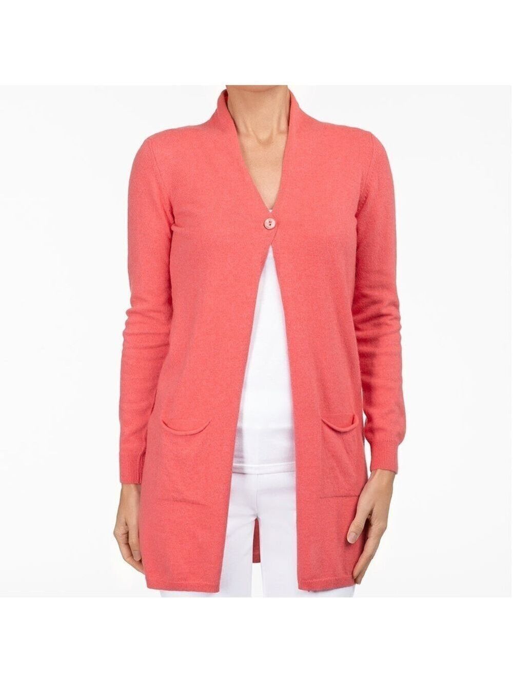 Leggiadro Italian Women’s LONG ONE BUTTON CARDIGAN CORAL Wool Cashmere Blend M